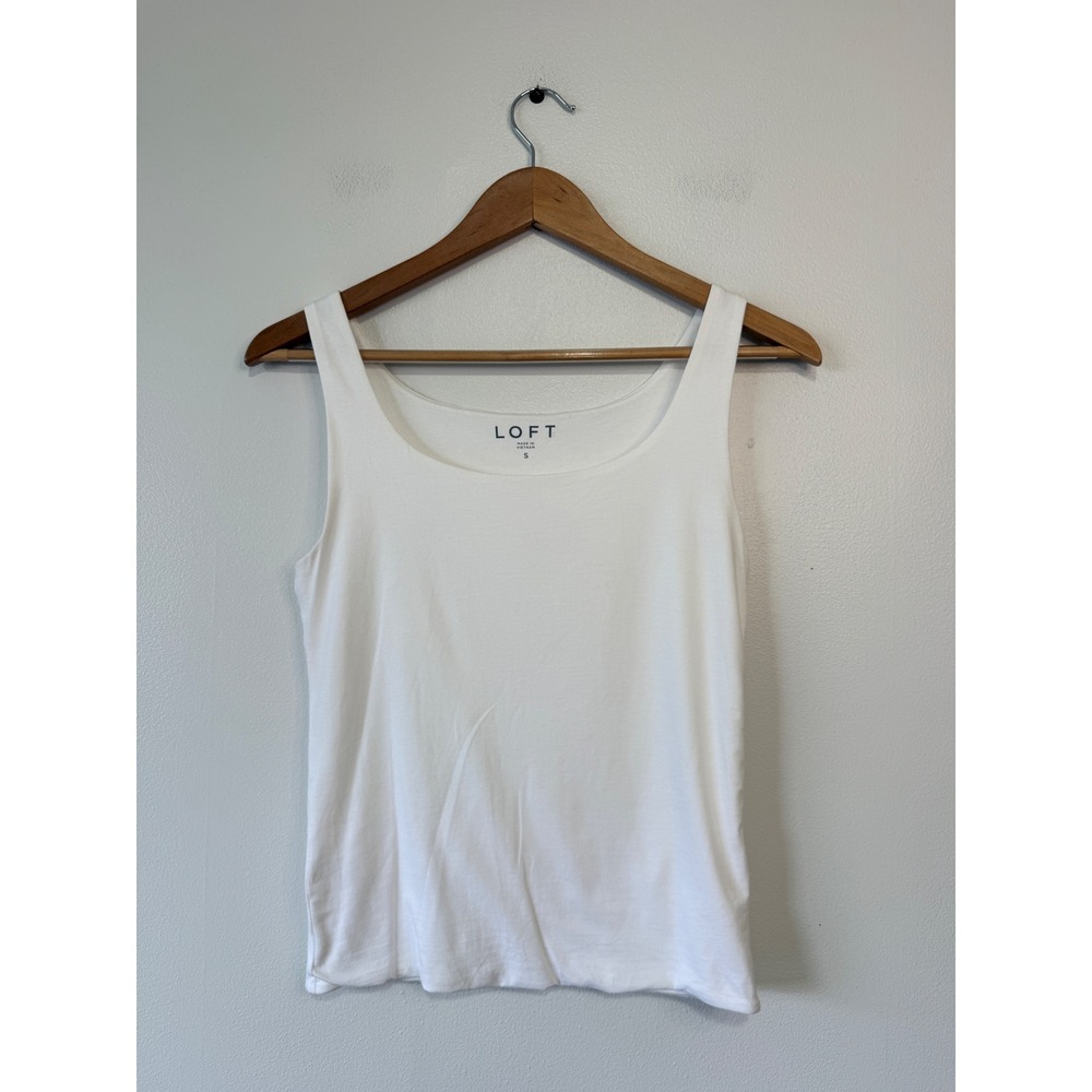 LOFT Womens White Scoop Neck Cotton Blend Stretch Tank Top Size S Solid Basic